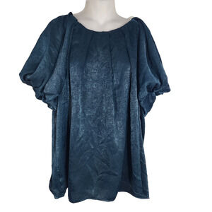 Umgee Plus Womens Blouse Short Balloon Sleeve Pleated Polyester Size 1X Green